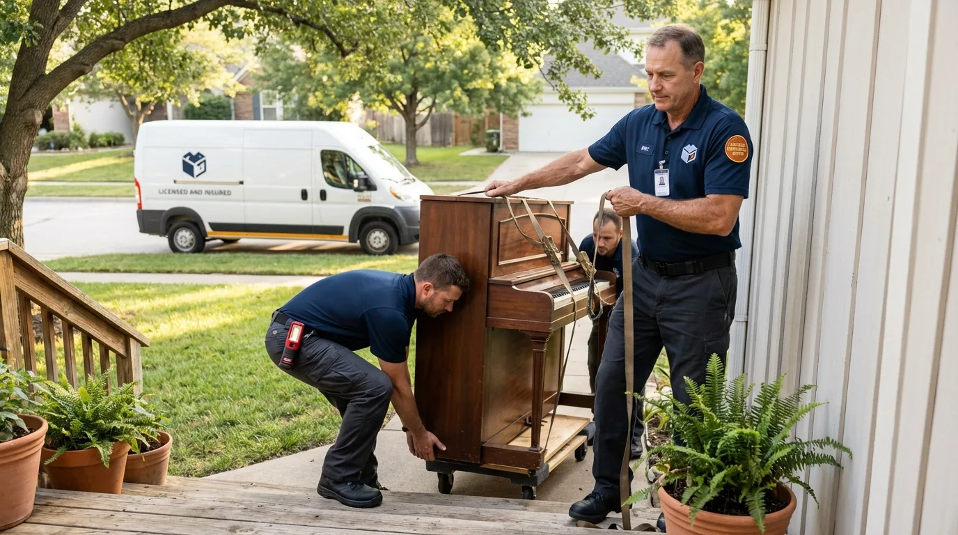 Licensed piano movers securing grand piano in Amboy, WA