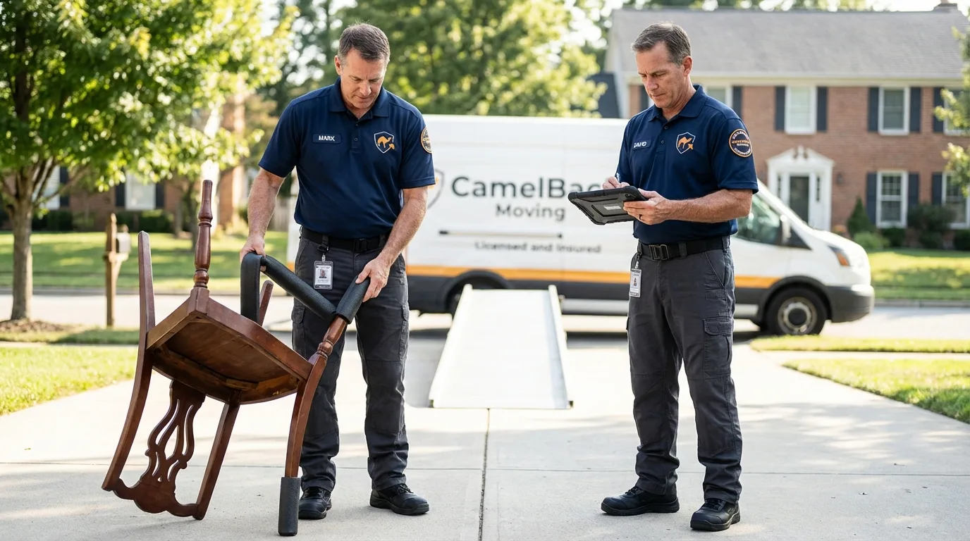 Movers inspecting furniture for damage prevention before loading in Amboy, WA