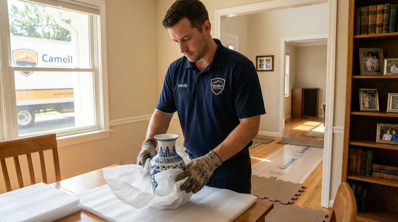 Professional crew carefully wrapping antique vase for senior downsizing move in Amboy, WA