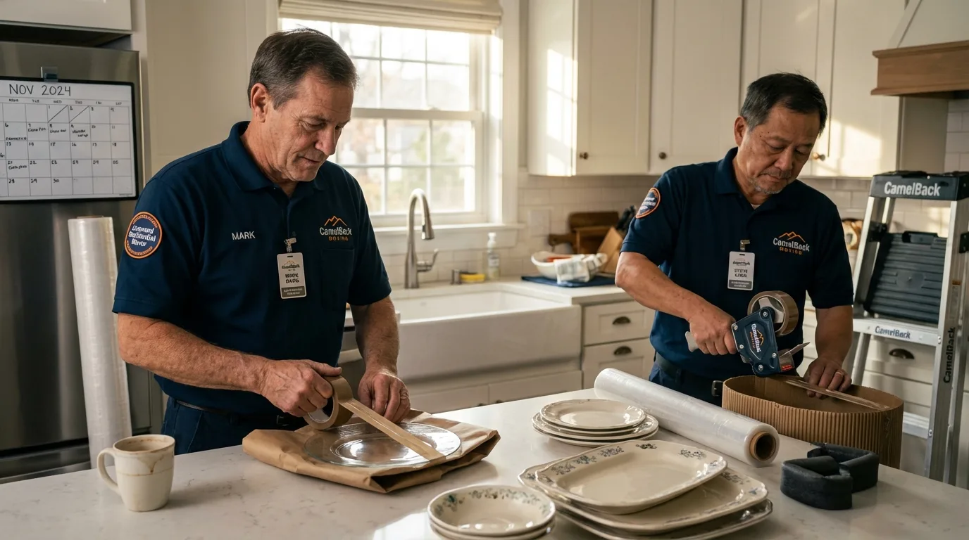 Professional crew packing kitchen dishware in Amboy, WA